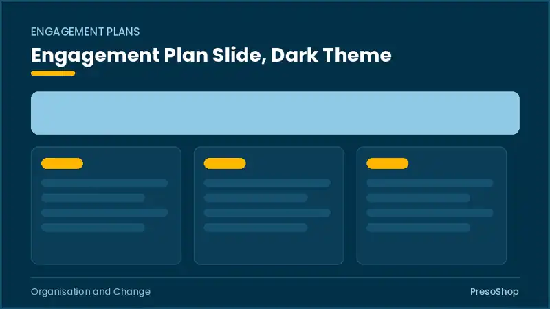 Editable PowerPoint engagement plan slide template in a dark theme, built from recolourable native shapes for organisation and change decks