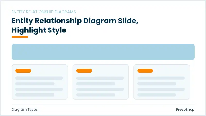 Editable PowerPoint entity relationship diagram slide template with an accented takeaway, built from recolourable native shapes for diagram types decks
