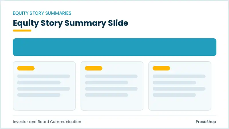 Editable PowerPoint equity story summary slide template, built from recolourable native shapes for investor and board communication decks