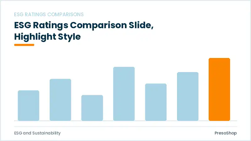 Editable PowerPoint esg ratings comparison slide template with an accented takeaway, built from recolourable native shapes for esg and sustainability decks