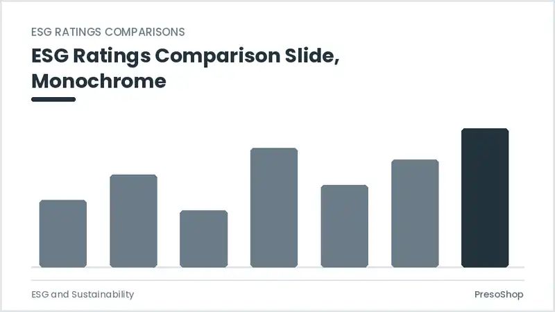 Editable PowerPoint esg ratings comparison slide template in a monochrome treatment, built from recolourable native shapes for esg and sustainability decks