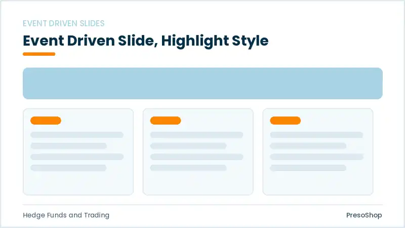 Editable PowerPoint event driven slide template with an accented takeaway, built from recolourable native shapes for hedge funds and trading decks
