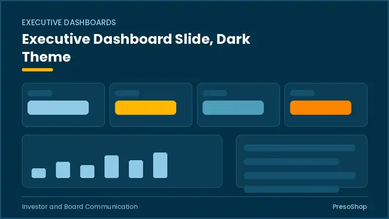Editable PowerPoint executive dashboard slide template in a dark theme, built from recolourable native shapes for investor and board communication decks