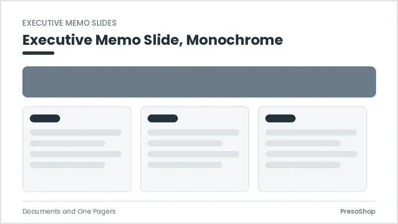 Editable PowerPoint executive memo slide template in a monochrome treatment, built from recolourable native shapes for documents and one pagers decks