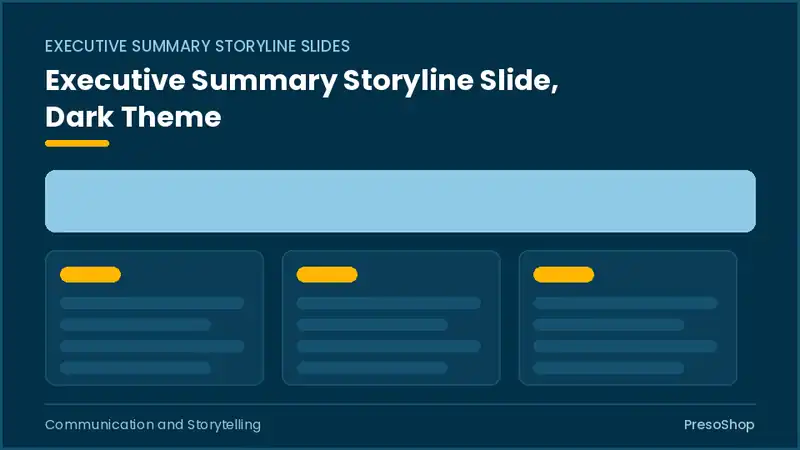 Editable PowerPoint executive summary storyline slide template in a dark theme, built from recolourable native shapes for communication and storytelling decks