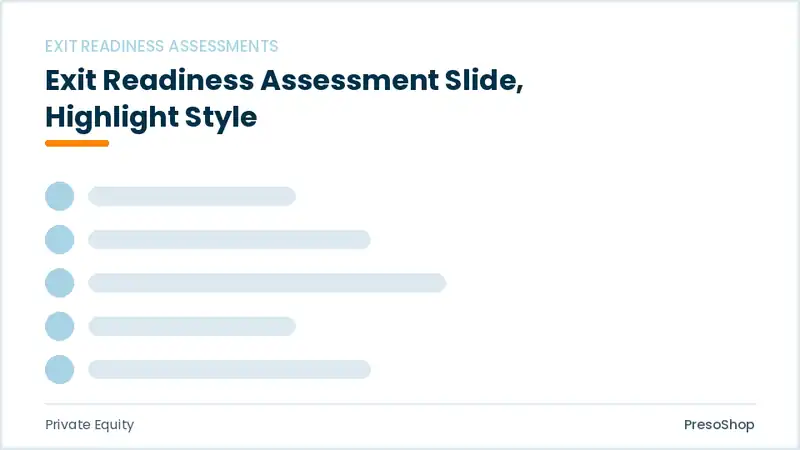 Editable PowerPoint exit readiness assessment slide template with an accented takeaway, built from recolourable native shapes for private equity decks