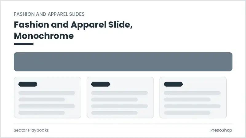 Editable PowerPoint fashion and apparel slide template in a monochrome treatment, built from recolourable native shapes for sector playbooks decks
