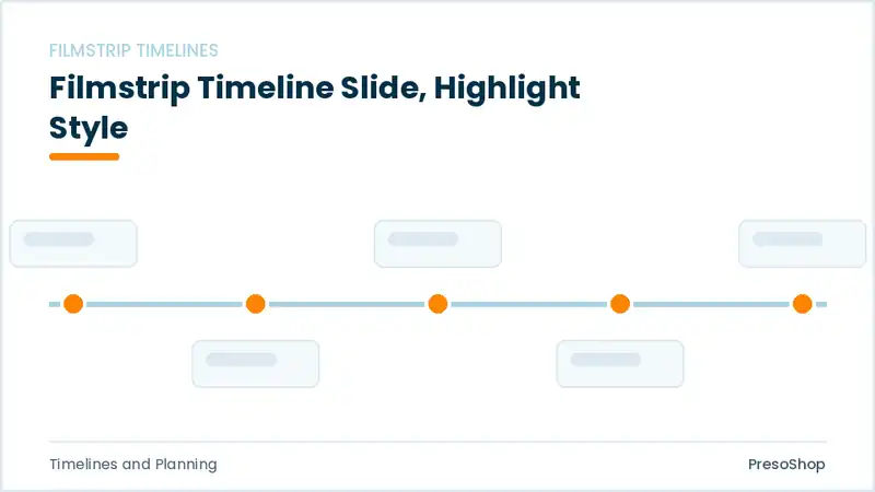 Editable PowerPoint filmstrip timeline slide template with an accented takeaway, built from recolourable native shapes for timelines and planning decks
