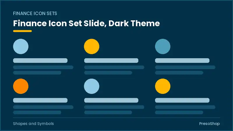Editable PowerPoint finance icon set slide template in a dark theme, built from recolourable native shapes for shapes and symbols decks