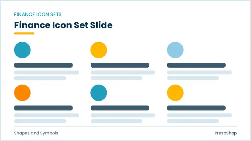 Editable PowerPoint finance icon set slide template, built from recolourable native shapes for shapes and symbols decks