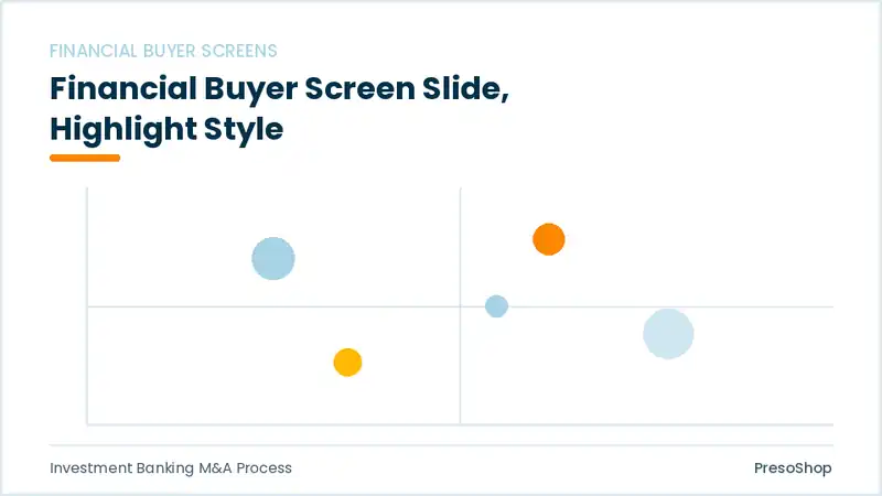 Editable PowerPoint financial buyer screen slide template with an accented takeaway, built from recolourable native shapes for investment banking m&a process decks