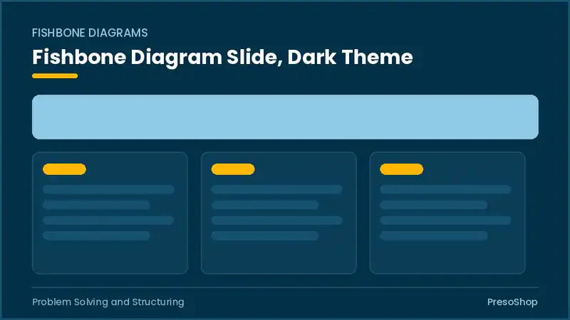 Editable PowerPoint fishbone diagram slide template in a dark theme, built from recolourable native shapes for problem solving and structuring decks