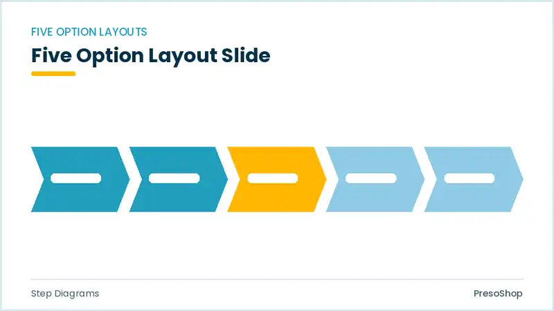 Editable PowerPoint five option layout slide template, built from recolourable native shapes for step diagrams decks