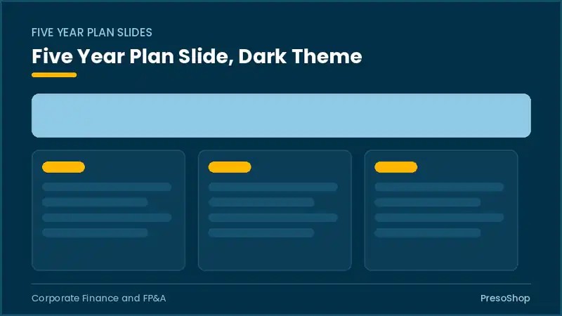 Editable PowerPoint five year plan slide template in a dark theme, built from recolourable native shapes for corporate finance and fp&a decks