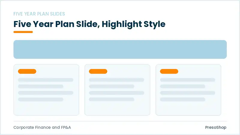 Editable PowerPoint five year plan slide template with an accented takeaway, built from recolourable native shapes for corporate finance and fp&a decks
