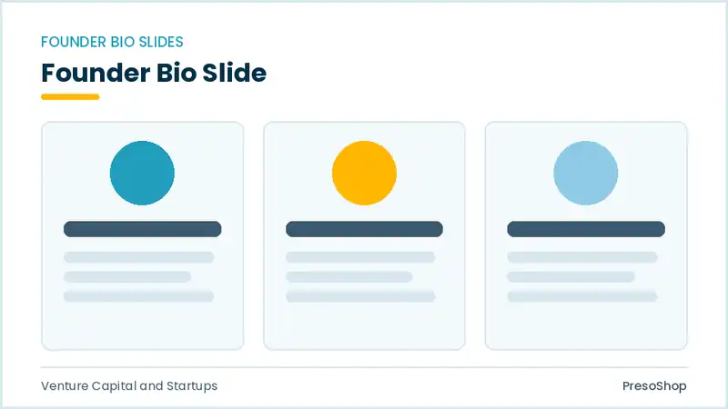 Editable PowerPoint founder bio slide template, built from recolourable native shapes for venture capital and startups decks