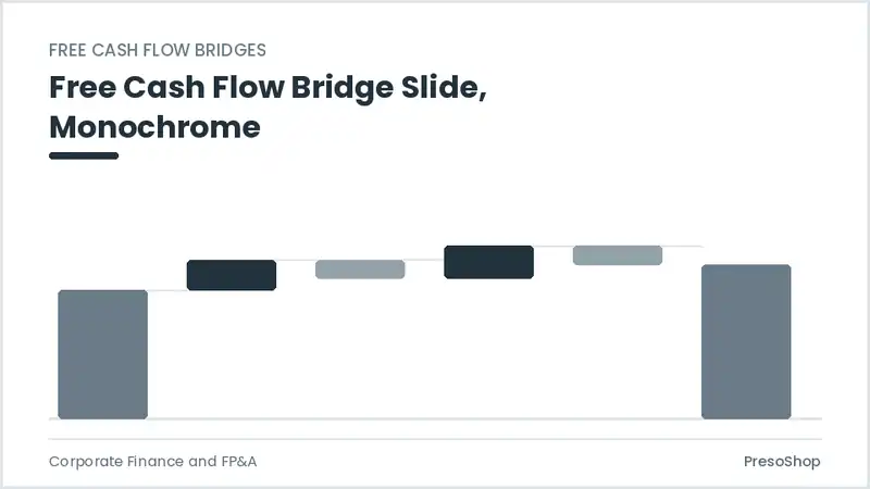 Editable PowerPoint free cash flow bridge slide template in a monochrome treatment, built from recolourable native shapes for corporate finance and fp&a decks