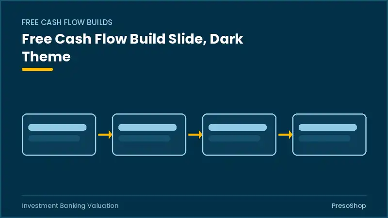 Editable PowerPoint free cash flow build slide template in a dark theme, built from recolourable native shapes for investment banking valuation decks
