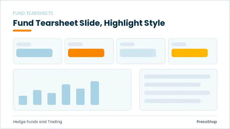 Editable PowerPoint fund tearsheet slide template with an accented takeaway, built from recolourable native shapes for hedge funds and trading decks