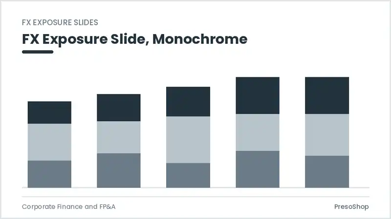 Editable PowerPoint fx exposure slide template in a monochrome treatment, built from recolourable native shapes for corporate finance and fp&a decks