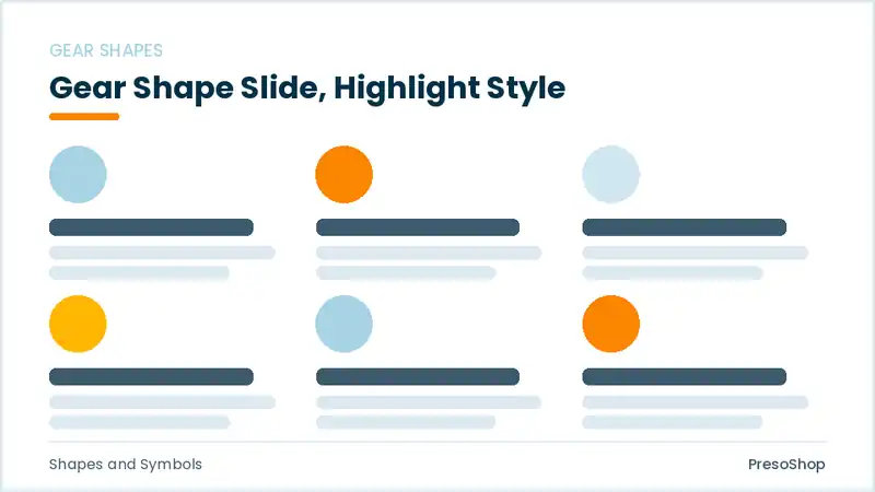 Editable PowerPoint gear shape slide template with an accented takeaway, built from recolourable native shapes for shapes and symbols decks