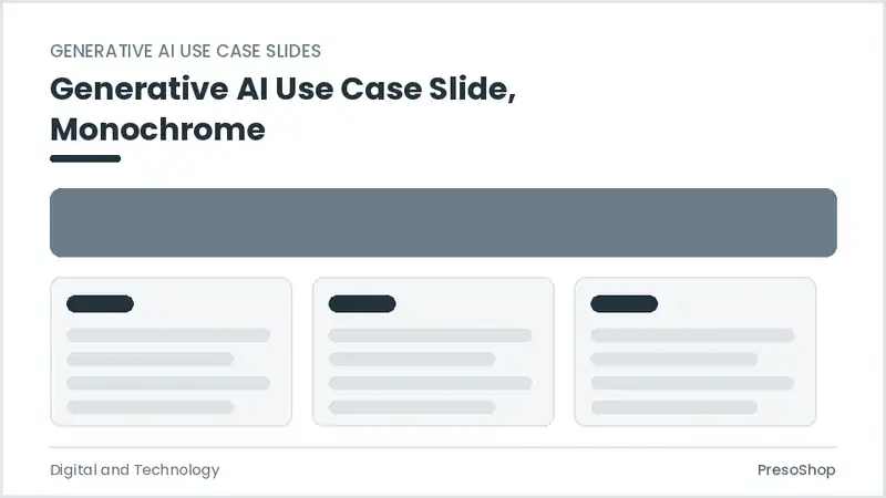 Editable PowerPoint generative ai use case slide template in a monochrome treatment, built from recolourable native shapes for digital and technology decks