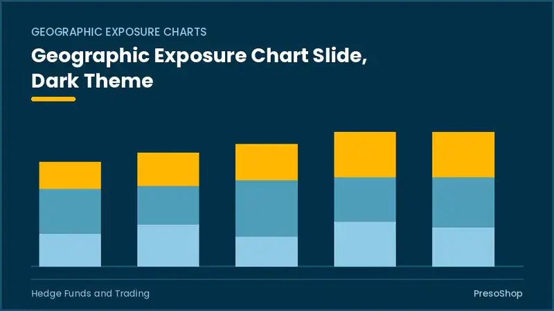 Editable PowerPoint geographic exposure chart slide template in a dark theme, built from recolourable native shapes for hedge funds and trading decks