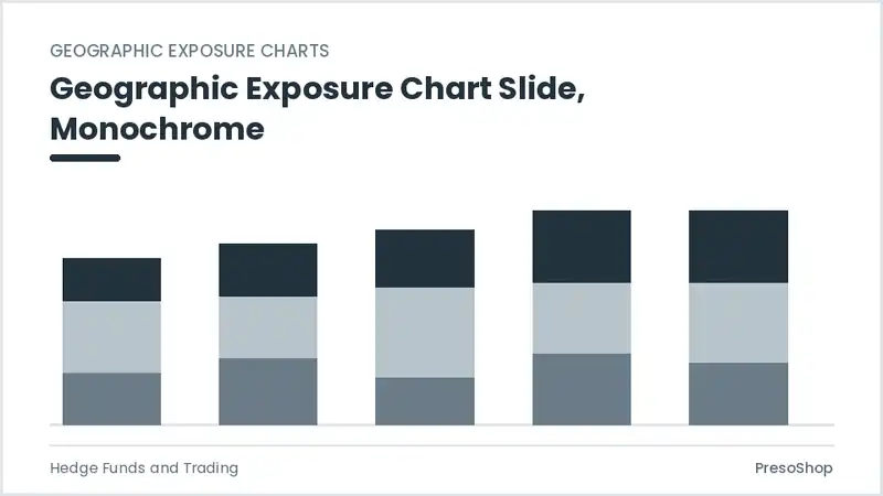 Editable PowerPoint geographic exposure chart slide template in a monochrome treatment, built from recolourable native shapes for hedge funds and trading decks
