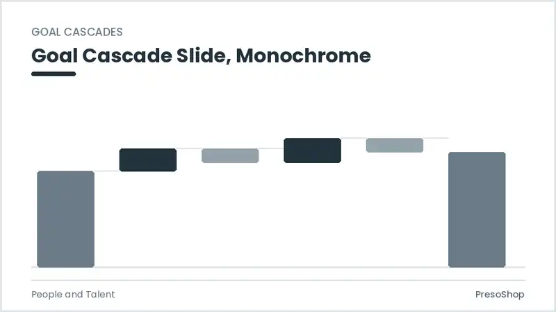 Editable PowerPoint goal cascade slide template in a monochrome treatment, built from recolourable native shapes for people and talent decks
