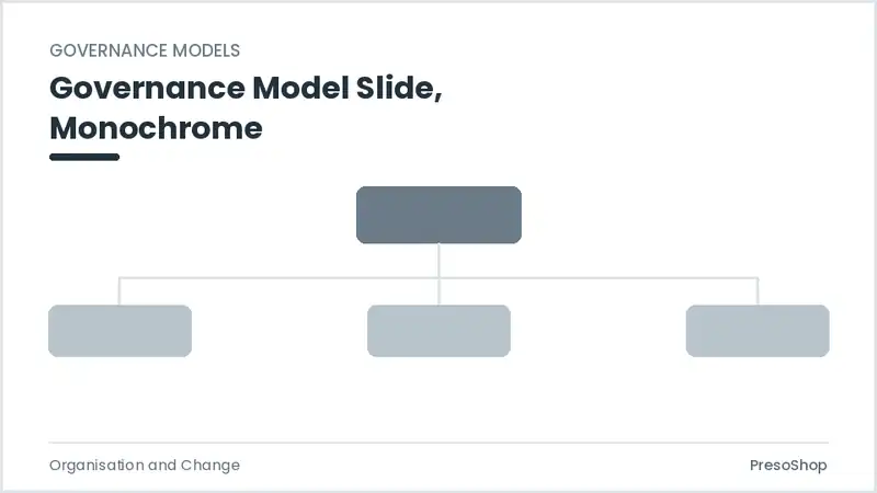 Editable PowerPoint governance model slide template in a monochrome treatment, built from recolourable native shapes for organisation and change decks
