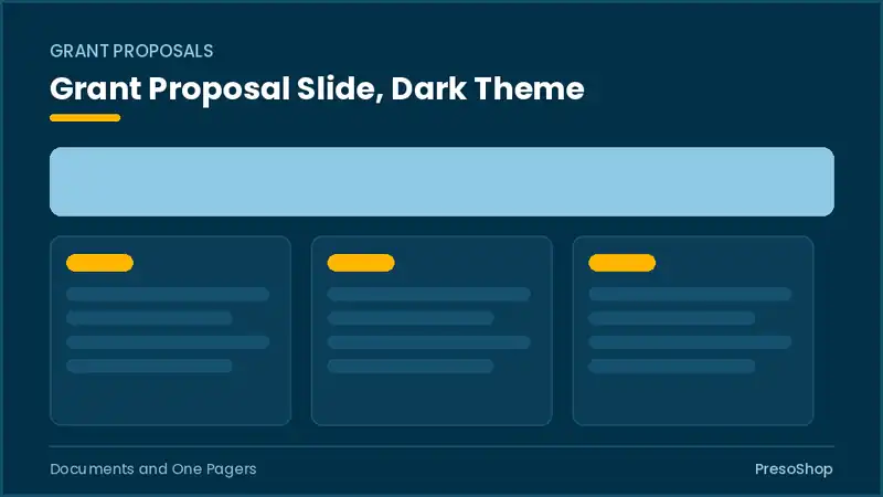 Editable PowerPoint grant proposal slide template in a dark theme, built from recolourable native shapes for documents and one pagers decks