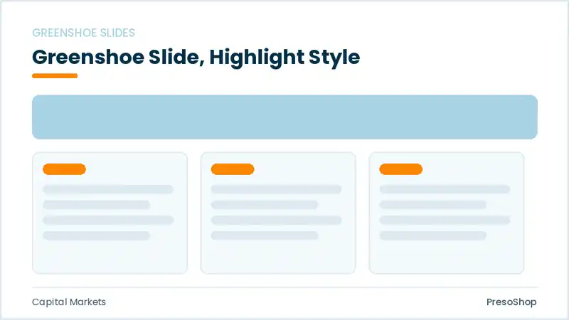 Editable PowerPoint greenshoe slide template with an accented takeaway, built from recolourable native shapes for capital markets decks
