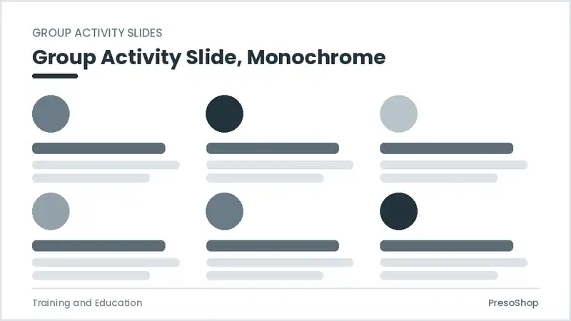 Editable PowerPoint group activity slide template in a monochrome treatment, built from recolourable native shapes for training and education decks