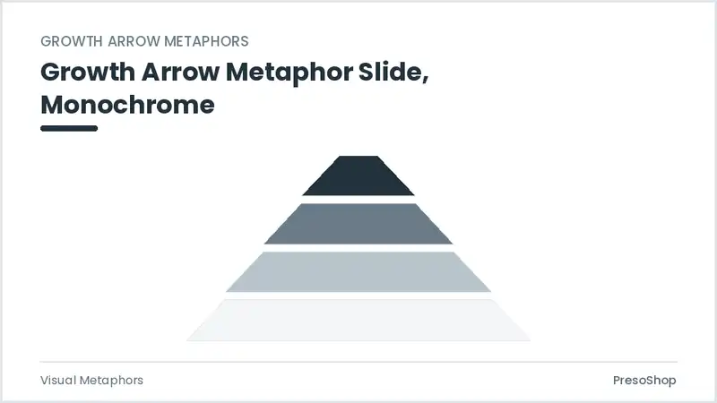 Editable PowerPoint growth arrow metaphor slide template in a monochrome treatment, built from recolourable native shapes for visual metaphors decks