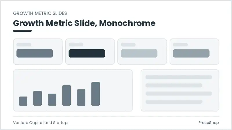 Editable PowerPoint growth metric slide template in a monochrome treatment, built from recolourable native shapes for venture capital and startups decks