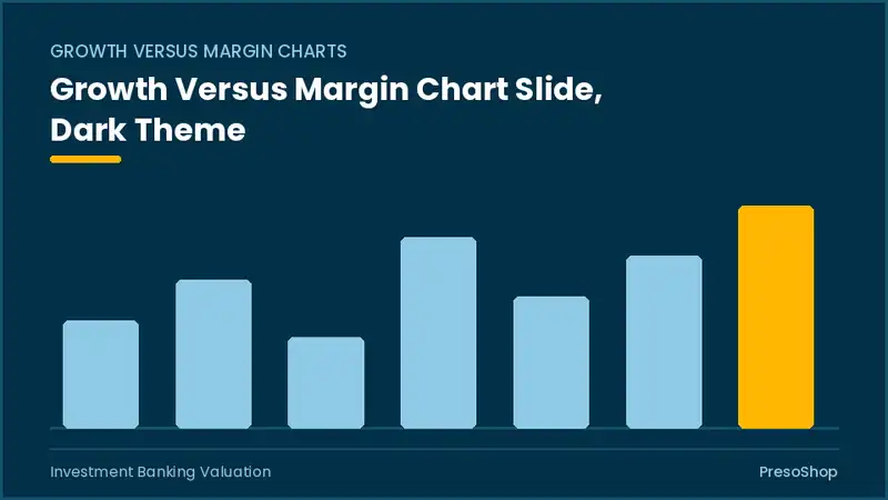 Editable PowerPoint growth versus margin chart slide template in a dark theme, built from recolourable native shapes for investment banking valuation decks
