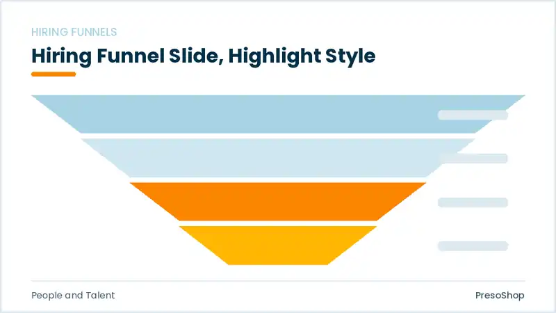 Editable PowerPoint hiring funnel slide template with an accented takeaway, built from recolourable native shapes for people and talent decks