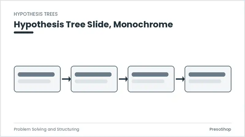 Editable PowerPoint hypothesis tree slide template in a monochrome treatment, built from recolourable native shapes for problem solving and structuring decks