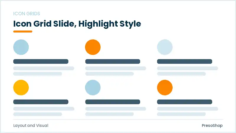 Editable PowerPoint icon grid slide template with an accented takeaway, built from recolourable native shapes for layout and visual decks