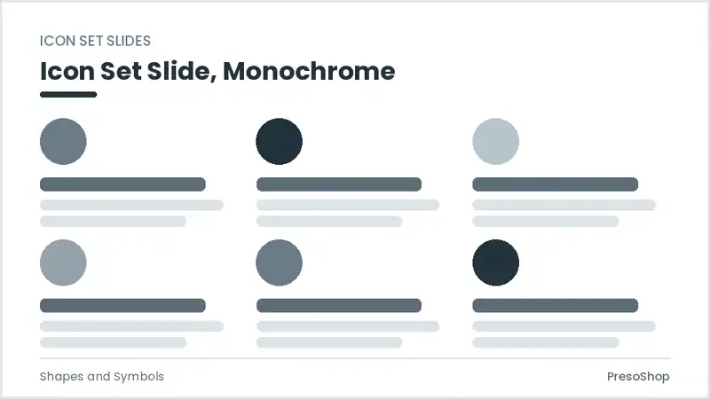 Editable PowerPoint icon set slide template in a monochrome treatment, built from recolourable native shapes for shapes and symbols decks