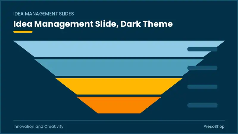 Editable PowerPoint idea management slide template in a dark theme, built from recolourable native shapes for innovation and creativity decks