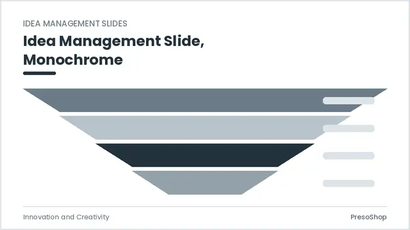 Editable PowerPoint idea management slide template in a monochrome treatment, built from recolourable native shapes for innovation and creativity decks