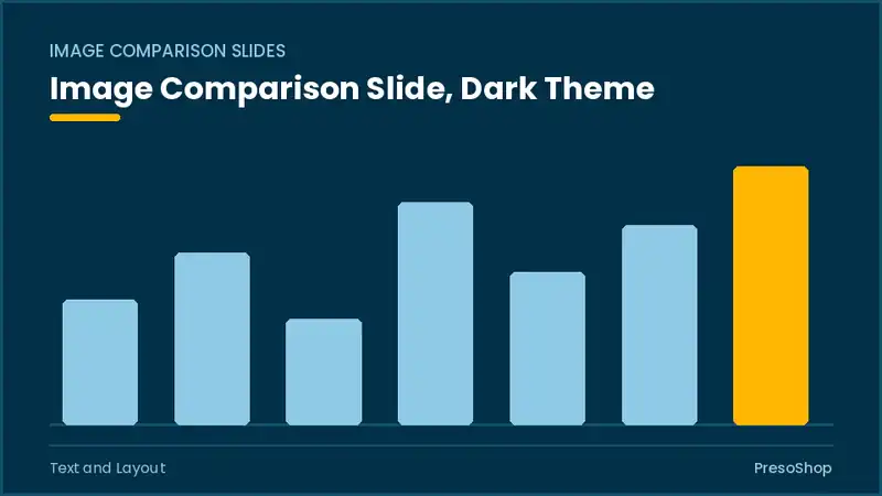 Editable PowerPoint image comparison slide template in a dark theme, built from recolourable native shapes for text and layout decks