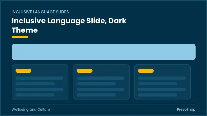 Editable PowerPoint inclusive language slide template in a dark theme, built from recolourable native shapes for wellbeing and culture decks