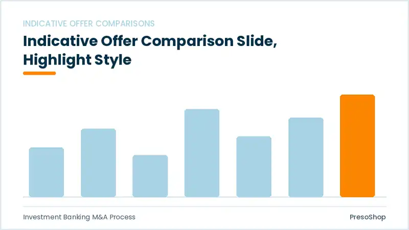 Editable PowerPoint indicative offer comparison slide template with an accented takeaway, built from recolourable native shapes for investment banking m&a process decks