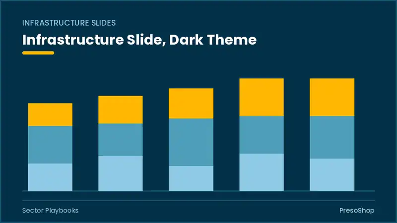 Editable PowerPoint infrastructure slide template in a dark theme, built from recolourable native shapes for sector playbooks decks