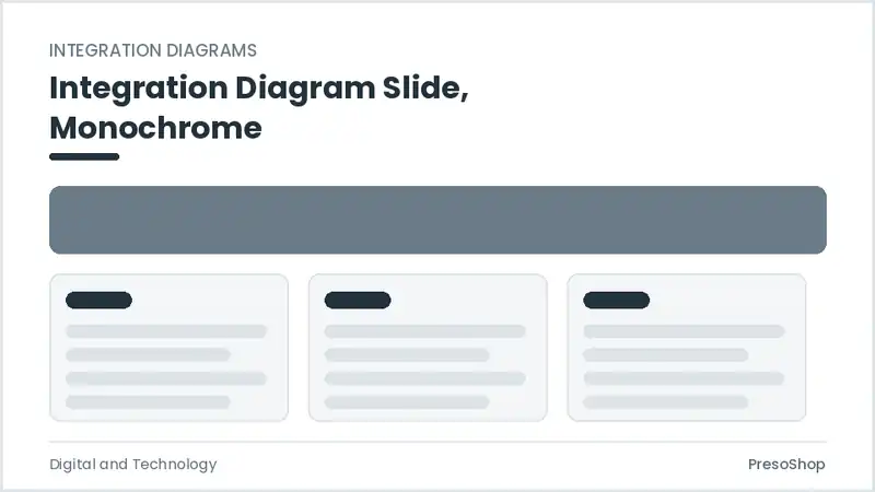 Editable PowerPoint integration diagram slide template in a monochrome treatment, built from recolourable native shapes for digital and technology decks