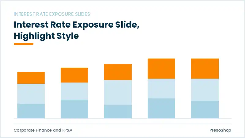 Editable PowerPoint interest rate exposure slide template with an accented takeaway, built from recolourable native shapes for corporate finance and fp&a decks