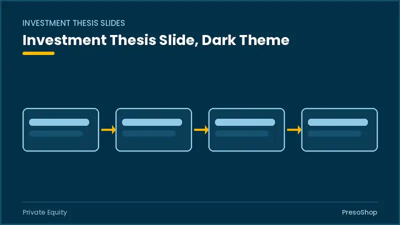 Editable PowerPoint investment thesis slide template in a dark theme, built from recolourable native shapes for private equity decks