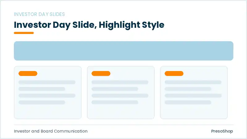 Editable PowerPoint investor day slide template with an accented takeaway, built from recolourable native shapes for investor and board communication decks